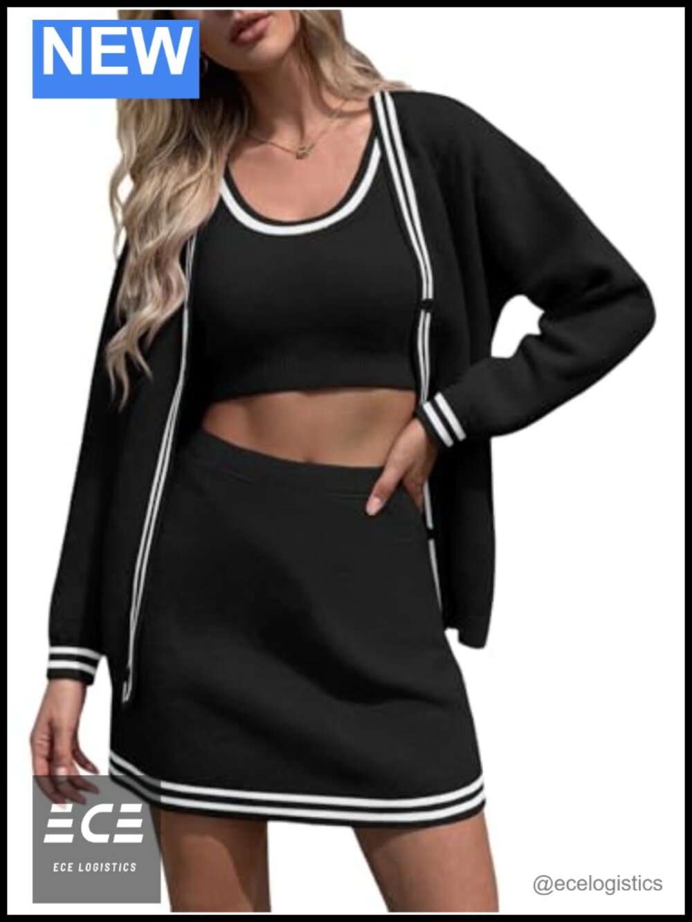 Womens 3 Piece Knit Sweater Set Button Cardigan Crop Top A Line Skirt Lounge Set